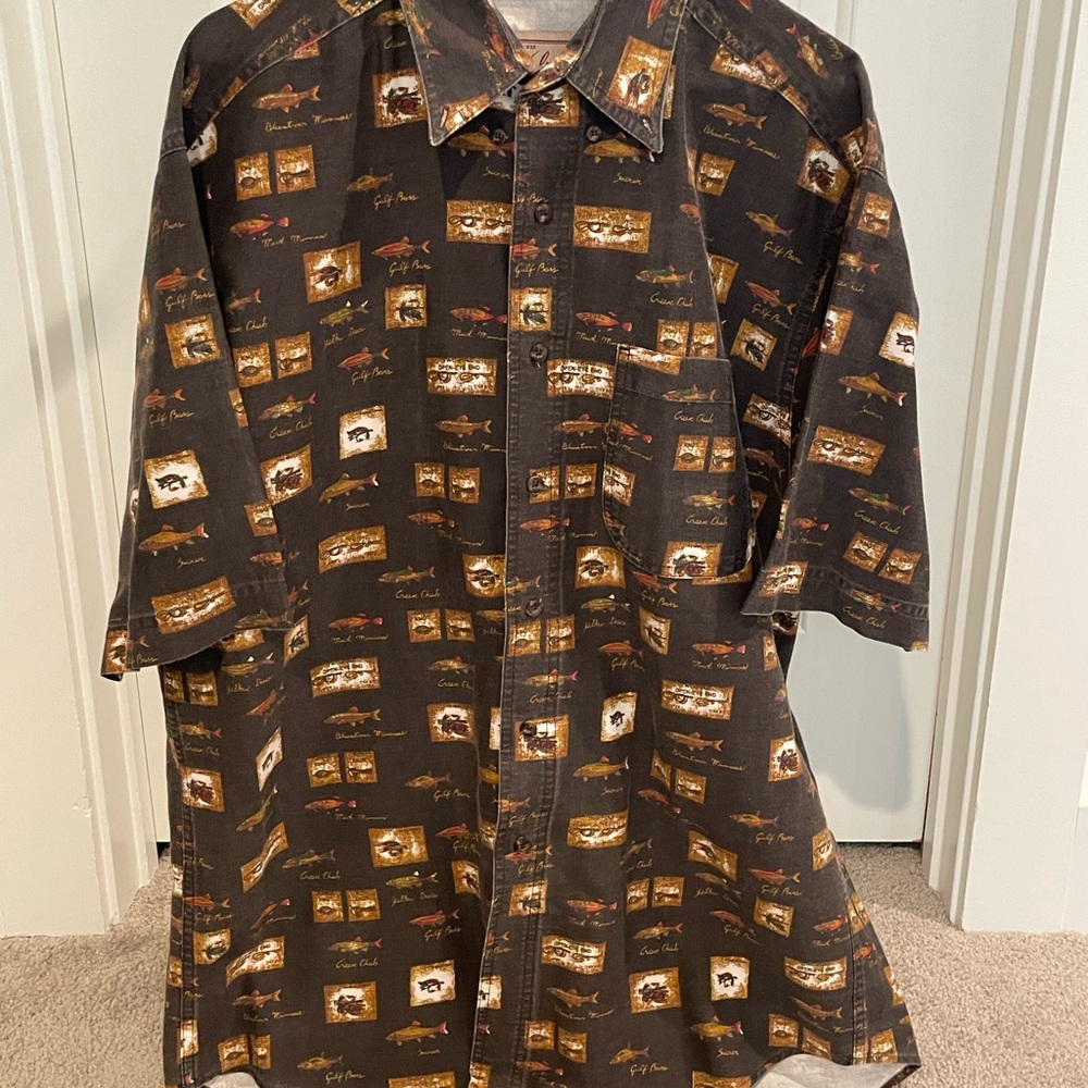 Rare Vintage WOOLRICH Fish Trout All Over Print Short‎ Sleeve Size Large